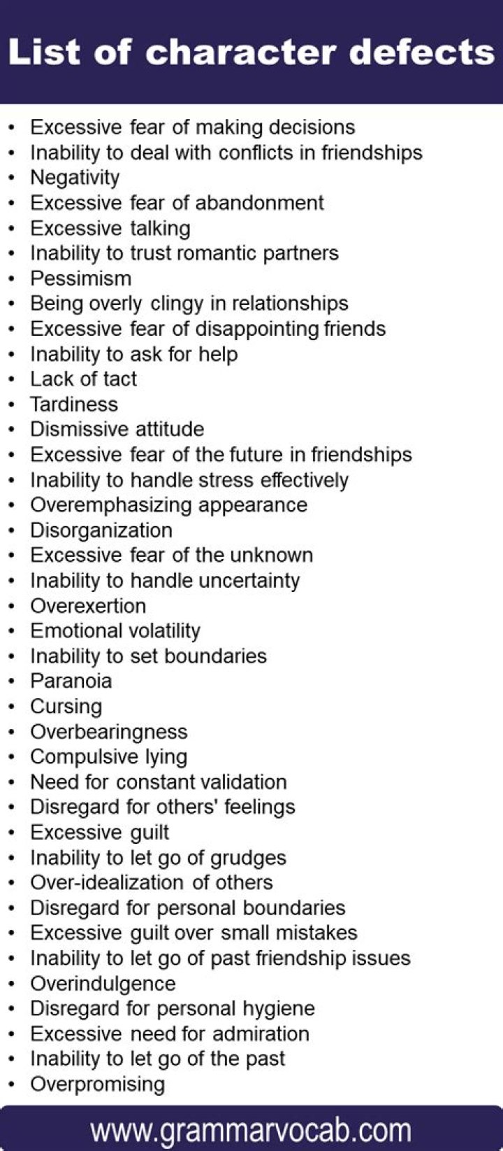 What are a list of character defects?