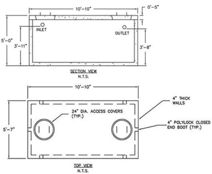 What are the dimensions of a 1250 gallon concrete septic tank?